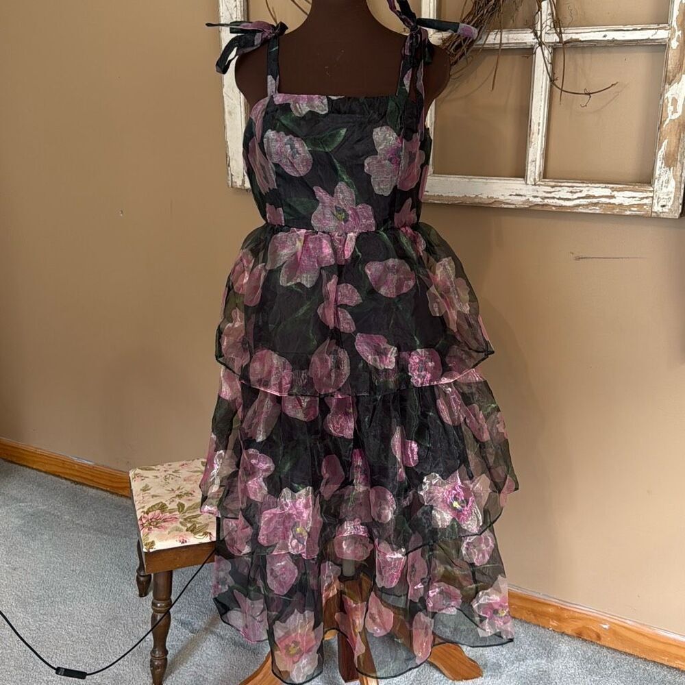 Lulus tiered black floral midi dress size large tie straps whimsigoth fairy dark - Picture 1 of 12